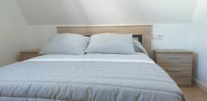 a bedroom with a bed with a wooden headboard and two night stands at APARTAMeNTOS DON MANUEL A in Cee