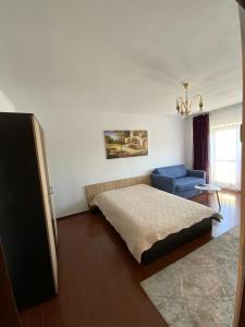 een slaapkamer met een bed en een blauwe bank bij Le Garçon de Adi-Cosy,Quiet,Spatious Studio in Boekarest