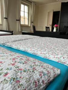 a large bed with a floral quilt on it at Penzion Jako Ze Škatulky in Bořetice