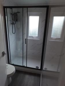 a bathroom with a shower with a glass door at Freshwater Bay Holiday Cottages in Pembroke