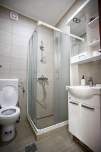 ein Bad mit einer Dusche, einem WC und einem Waschbecken in der Unterkunft Apartment Bohemian Dream in Nikšić
