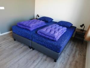 two beds in a room with purple pillows at Hooivak in Hollum