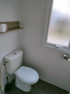 een badkamer met een wit toilet en een raam bij BJ Chalets - Robbengat 68 - Gezellige, kindvriendelijke chalet op vakantiepark Lauwersoog! Vroege incheck! in Lauwersoog