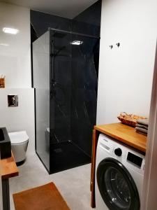a bathroom with a shower and a washing machine at Apartament Sand&Blue in Sztutowo