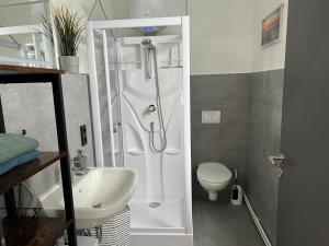 W łazience znajduje się prysznic, toaleta i umywalka. w obiekcie Haus Sanny w mieście Wismar