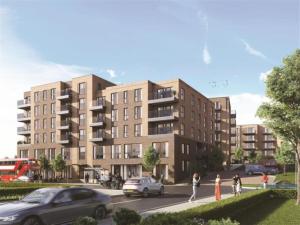 ロンドンにあるNewly Built Luxury 2 Bed Apartment!!!の路上駐車のアパートメントビルの表示