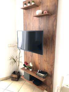 a flat screen tv on a wooden wall at Apartamento Te Miti in Puerto del Carmen