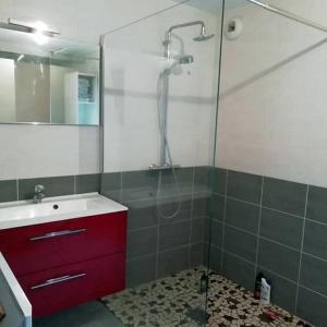 uma casa de banho com um chuveiro, um armário vermelho e um lavatório. em Auberge du pèlerin em Saint-Vincent