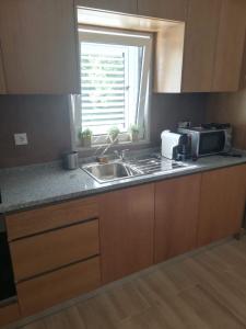 a kitchen with a sink and a microwave at As três irmãs in Bragança