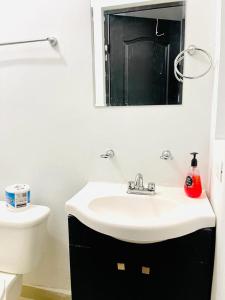 La salle de bains est pourvue d'un lavabo, de toilettes et d'un miroir. dans l'établissement Departamento para descansar, à Monterrey