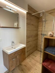 a bathroom with a sink and a shower at Guadeloupe in Ostend