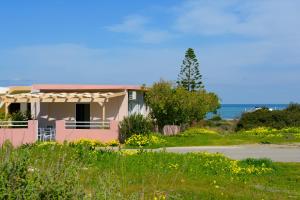 a pink house with the ocean in the background at Kalliope in Milatos