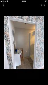 W pokoju znajduje się łazienka z umywalką i toaletą. w obiekcie Charmante maison de ville w mieście Périgueux