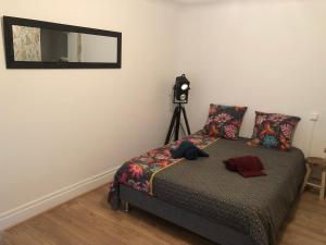 Schlafzimmer mit einem Bett mit Kamera auf einem Stativ in der Unterkunft Charmante maison de ville in Périgueux
