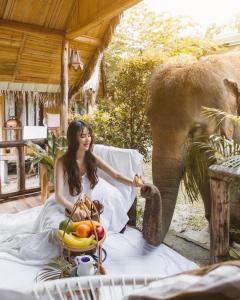 a woman sitting on a blanket next to an elephant at 3 Pok Maewang jinxiang in Ban Mae Sapok Noi