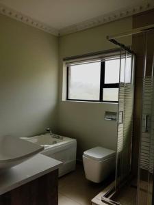 a bathroom with a sink and a toilet and a window at 8sIndoor indoor pool4 bedroom villaGreat view and backup power in Clarens