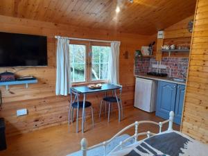 a kitchen with a table and chairs in a cabin at Delightful Studio Log Cabin , with Sauna in Coolnacon