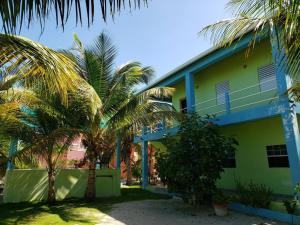 a green building with palm trees in front of it at The Sands Inn-Upper Floor with pool in Caye Caulker