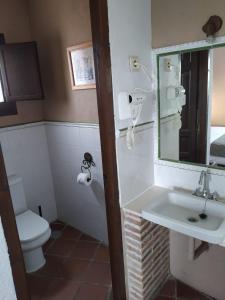ein Badezimmer mit einem Waschbecken, einem WC und einem Spiegel in der Unterkunft Spa La Cueva del Agua in Hita