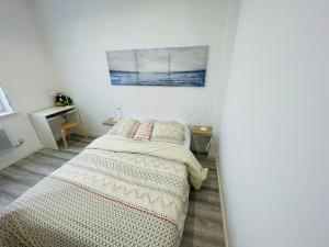 トゥールコワンにあるAppartement Nid Douillet Plusのベッドルーム1室(ベッド1台付)が備わります。壁には絵画が飾られています。