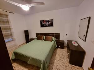 a bedroom with a green bed and a mirror at Vivienda Turística en la Muralla de San Basilio in Córdoba