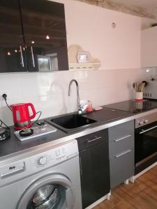 a kitchen with a washing machine and a sink at Le Garni Vendémiaire in Vesoul