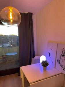 a living room with a table and a window at Schickes Apartment mit Balkon in Düsseldorf in Düsseldorf