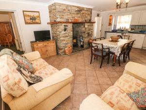 a living room with a couch and a table with a fireplace at Lis-Ardagh Cottage 1 in Skahanagh