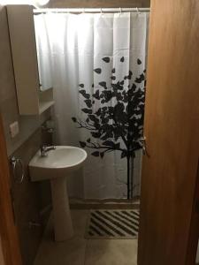 baño con lavabo y cortina de ducha en Alojamiento Amor Amarillo en El Bolsón