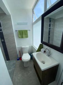 a bathroom with a toilet and a sink and a mirror at Apartamento frente al mar, SAN ANDRÉS ISLAS in San Andrés