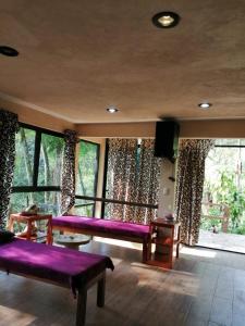 a living room with purple couches and a large window at CABAÑA EL SALTO 2 in Tzicuilán