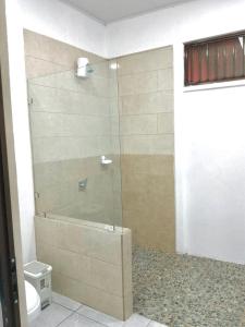 カウイータにあるCahuita Apartment by Angieのトイレとガラスのシャワー付きのバスルーム