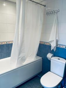 a bathroom with a toilet and a tub with a shower curtain at Tallinn Center Apartment in Tallinn