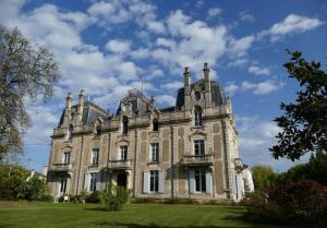 una vieja mansión en un campo de hierba con un cielo nublado en Château Saint Vincent en Bazas