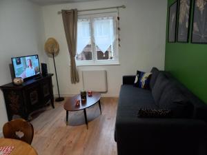 コルマールにあるLE PASSAGE gîte cocooning à Colmar centre touristiqueのソファとテーブルのあるリビングルーム
