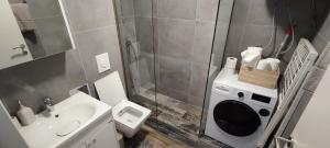a bathroom with a shower and a sink and a washing machine at Apartment 906 in Prishtina in Pristina +10 photos