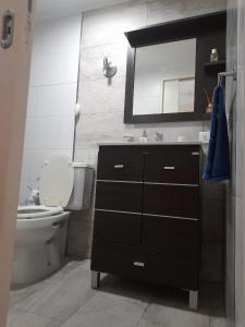 a bathroom with a toilet and a sink and a mirror at Hermosa casa con patio, parrilla y garage cerrado in Tandil +30 photos