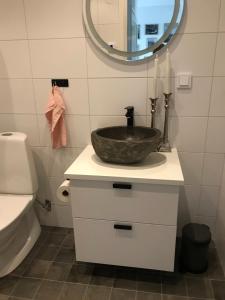 y baño con lavabo y espejo. en Järvsö Kramstatjärnsvägen 10E, en Järvsö