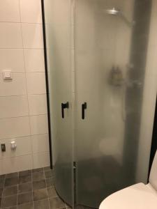 Järvsö Kramstatjärnsvägen 10E في يارفسو: كشك دش في حمام مع مرحاض