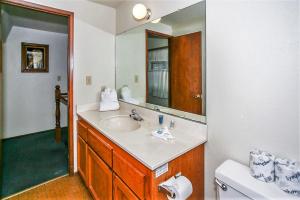 a bathroom with a sink and a mirror and a toilet at Breezy Two-113 by Big Bear Vacations in Big Bear Lake +24 photos