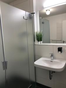 un bagno con lavandino e specchio di Hafen 17 - Ihre Ferienwohnung am Hainer See bei Leipzig a Kahnsdorf Altre 40 foto