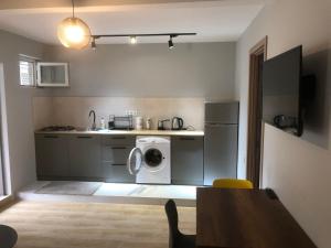 a kitchen with a washer and a washing machine at Bubu's Home in Batumi