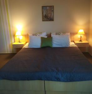 ザラカロシュにあるSweet Apartman Zalakarosのベッドルーム1室(大型ベッド1台、ランプ2つ付)
