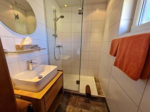 y baño con lavabo y ducha. en Pension Tulpe, en Sankt Kanzian