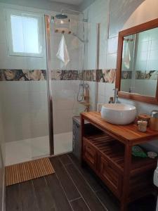 a bathroom with a sink and a shower at Ty Bihan in Saint-Potan