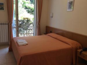 a bedroom with a bed and a large window at Hotel Il Saraceno in Volastra