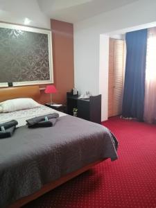 a bedroom with a bed and a red carpet at Bizant Boutique in Bacău