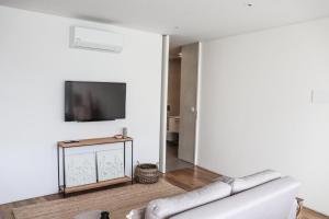 ポンタ・デルガダにあるAljube Residences III - Apart novo no centro de PDLのソファと壁掛けテレビのあるリビングルーム