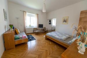 Habitación con cama y sofá. en Soska 5, en Liubliana