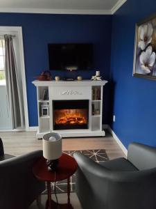 sala de estar con chimenea y TV en la parte superior en Dans Les Bras de Memphré, en Magog-Orford